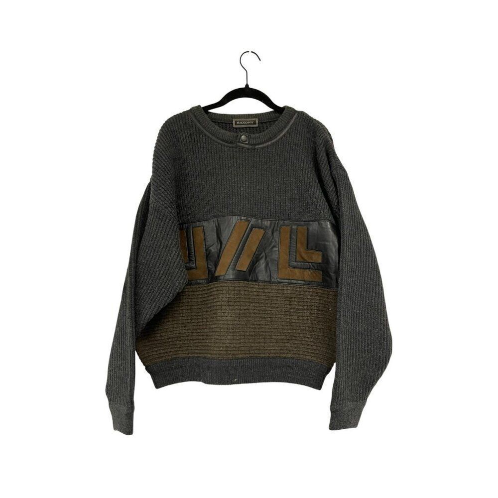 Saxony Mens Sweater Size M Gray Brown Knit Genuine Leather Wool Blend Pullover